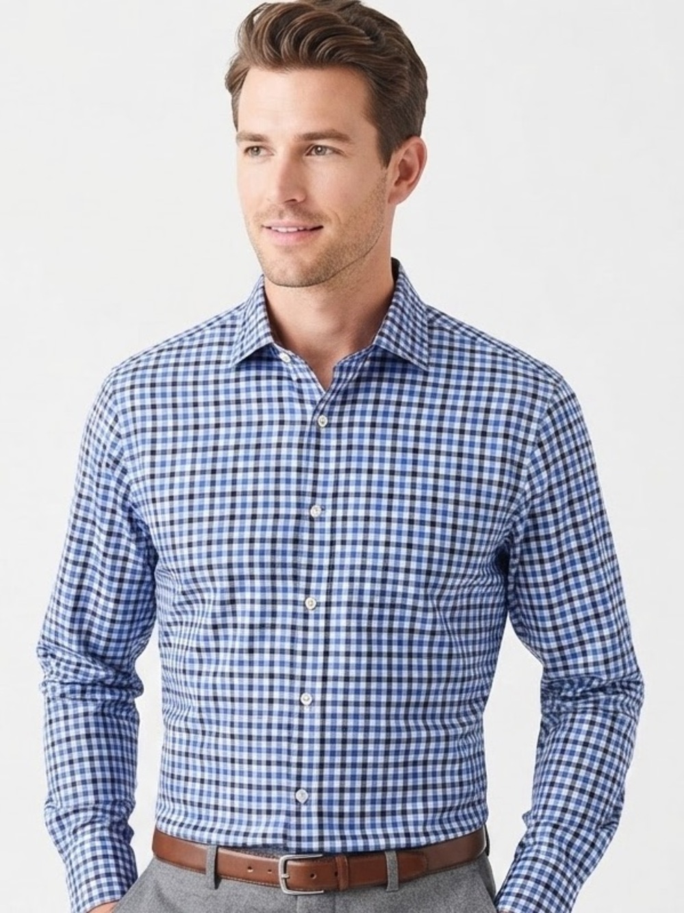 Peter Millar Blue White Gingham Check Cotton Long Sleeve Shirt Men's Large